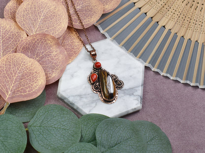 Copper Pendant with Iron Tiger Eye and Coral