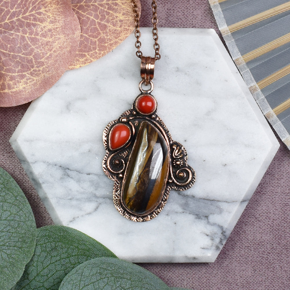 Copper Pendant with Iron Tiger Eye and Coral