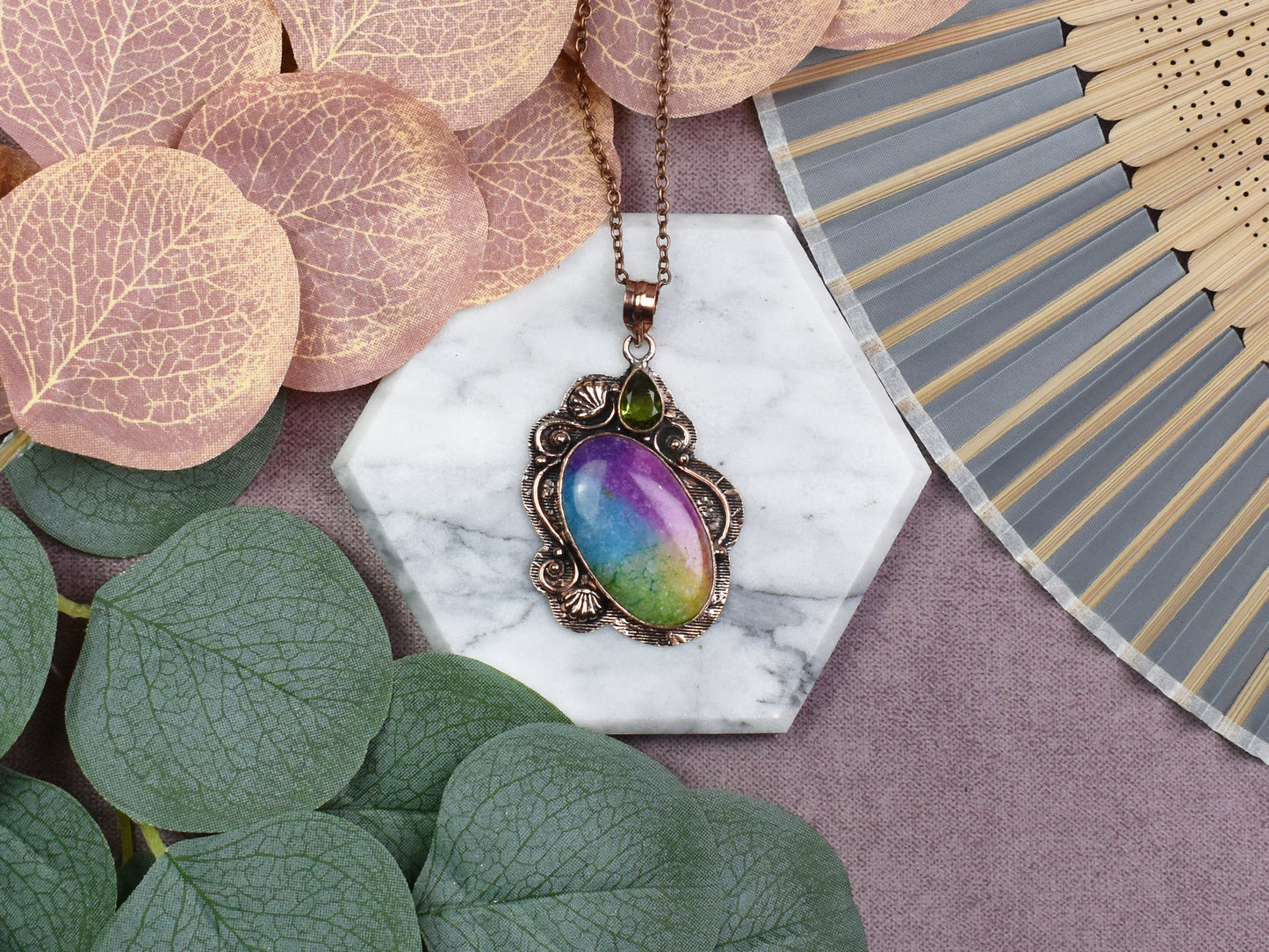 Copper Pendant with Rainbow Solar Quartz and Peridot