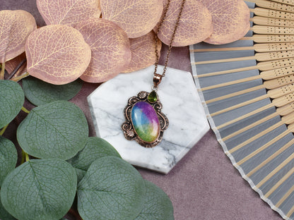 Copper Pendant with Rainbow Solar Quartz and Peridot