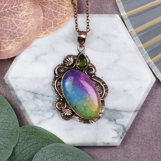 Copper Pendant with Rainbow Solar Quartz and Peridot