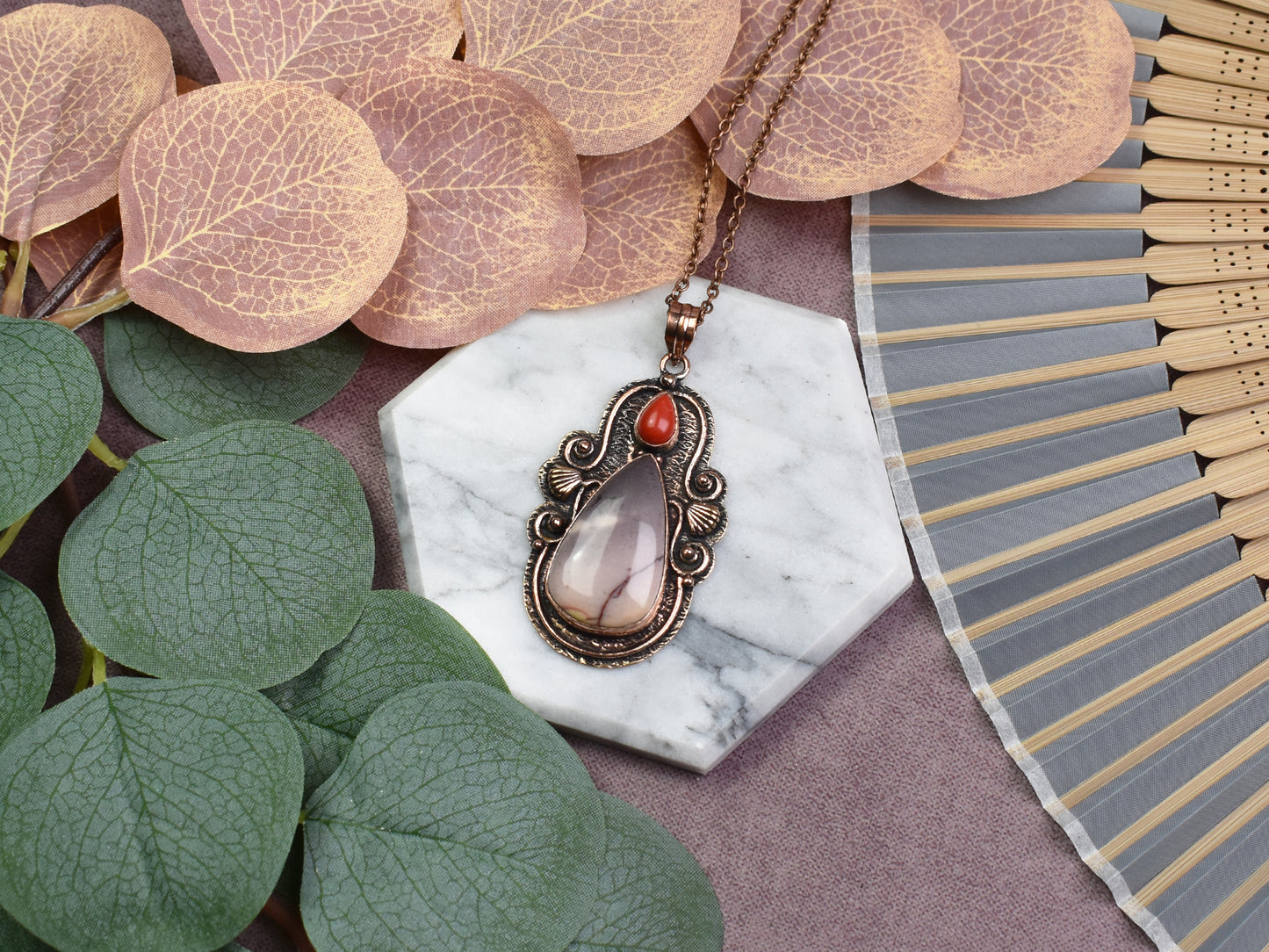 Copper Pendant with Mookaite Jasper and Coral