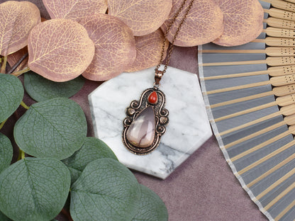 Copper Pendant with Mookaite Jasper and Coral
