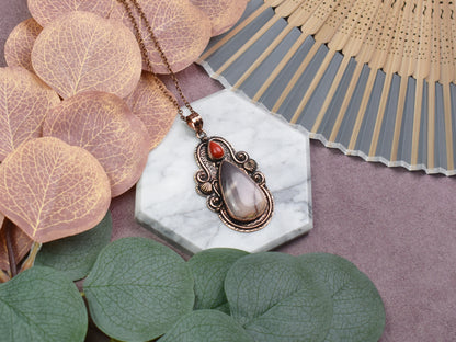 Copper Pendant with Mookaite Jasper and Coral