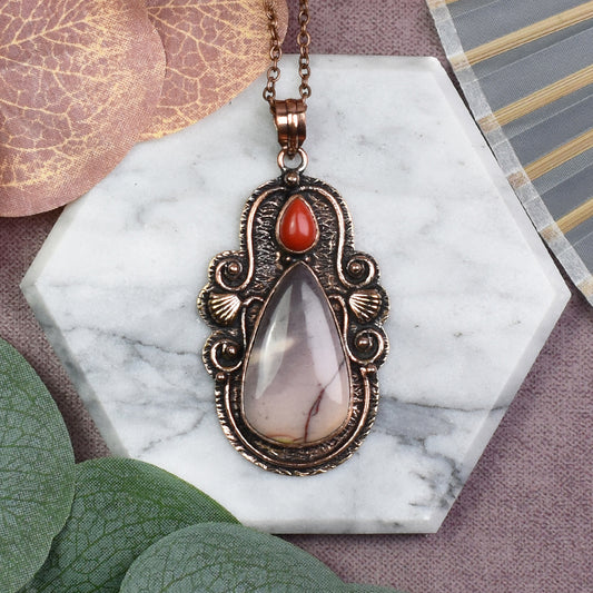 Copper Pendant with Mookaite Jasper and Coral