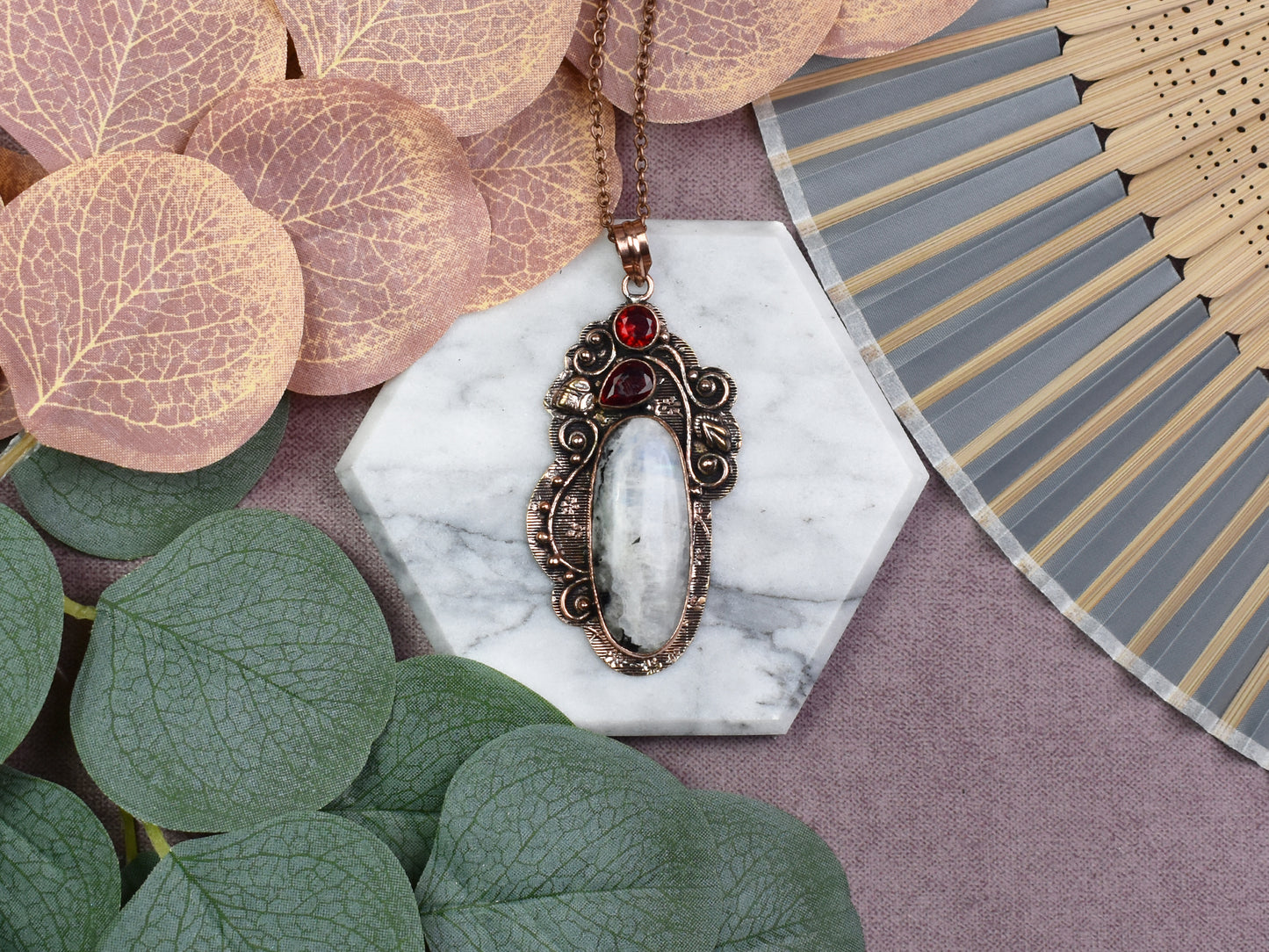 Copper Pendant with Rainbow Moonstone and Garnet