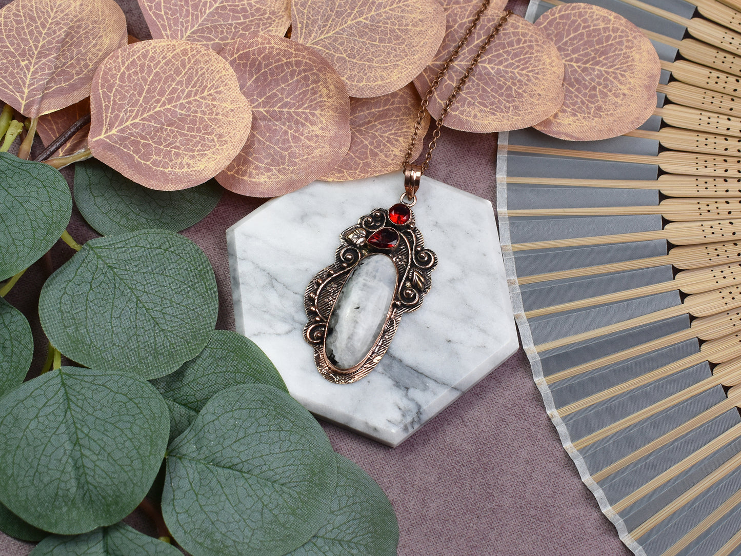 Copper Pendant with Rainbow Moonstone and Garnet