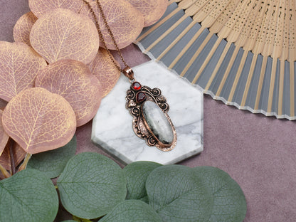 Copper Pendant with Rainbow Moonstone and Garnet