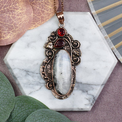 Copper Pendant with Rainbow Moonstone and Garnet