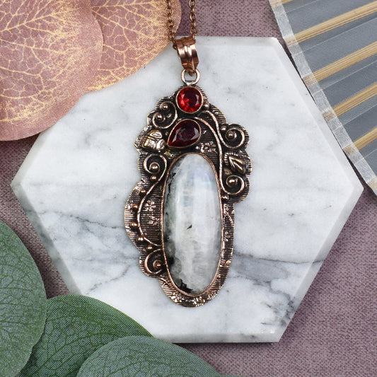 Copper Pendant with Rainbow Moonstone and Garnet