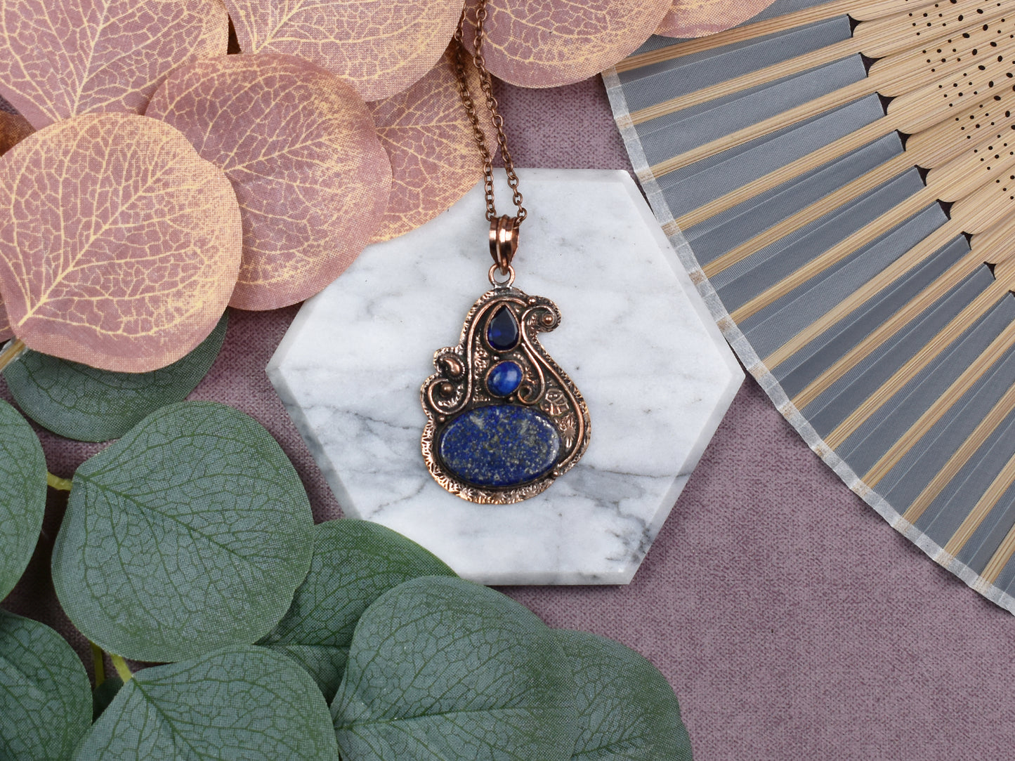 Copper Pendant with Lapis Lazuli and Synthetic Tanzanite