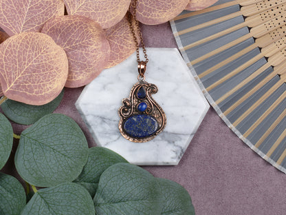 Copper Pendant with Lapis Lazuli and Synthetic Tanzanite