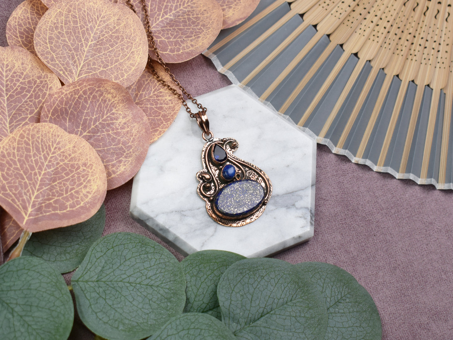 Copper Pendant with Lapis Lazuli and Synthetic Tanzanite