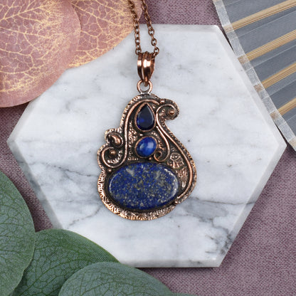 Copper Pendant with Lapis Lazuli and Synthetic Tanzanite