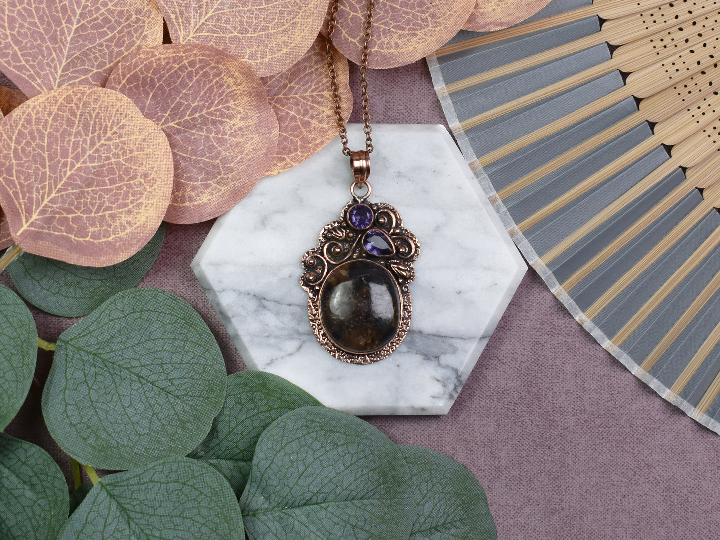 Copper Pendant with Jasper and Amethyst