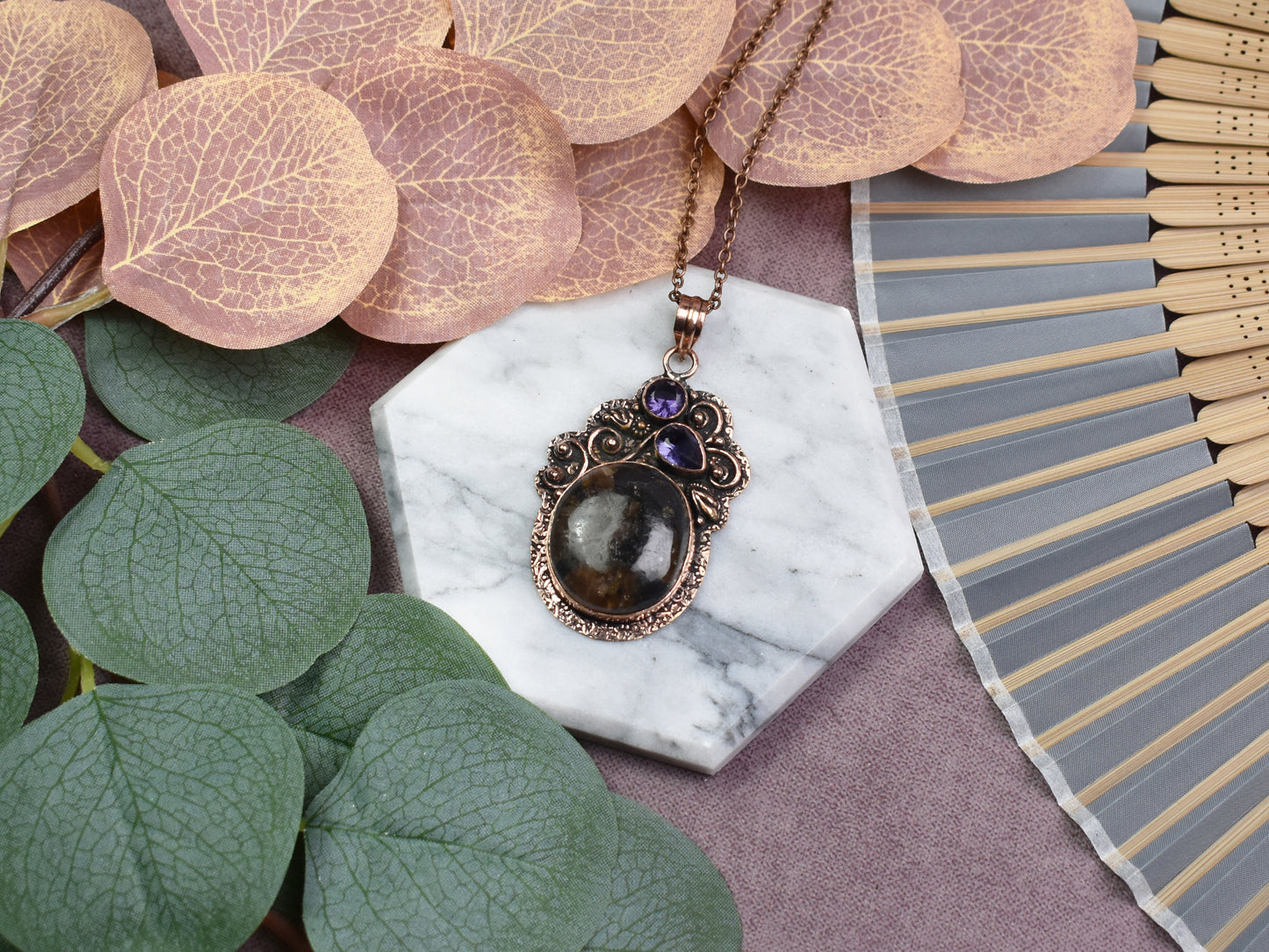 Copper Pendant with Jasper and Amethyst