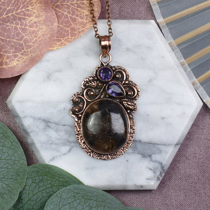 Copper Pendant with Jasper and Amethyst