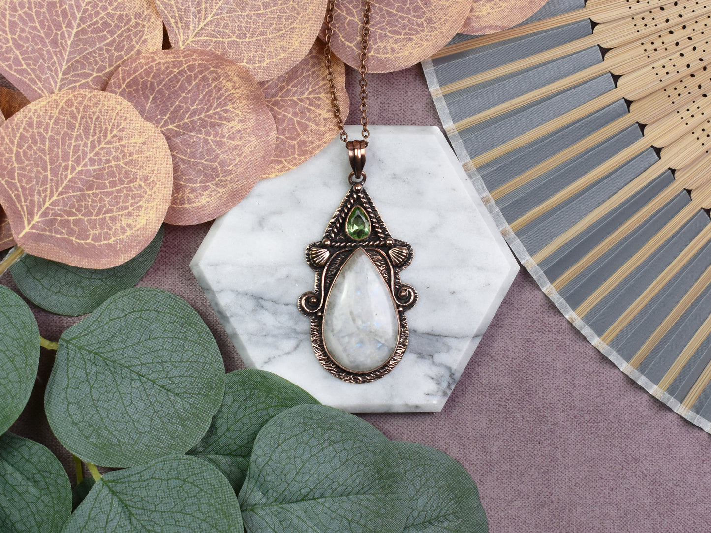 Copper Pendant with Moonstone and Peridot