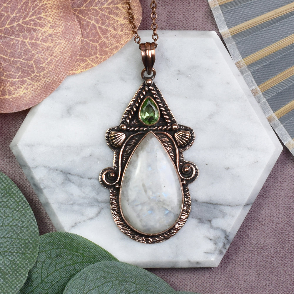 Copper Pendant with Moonstone and Peridot