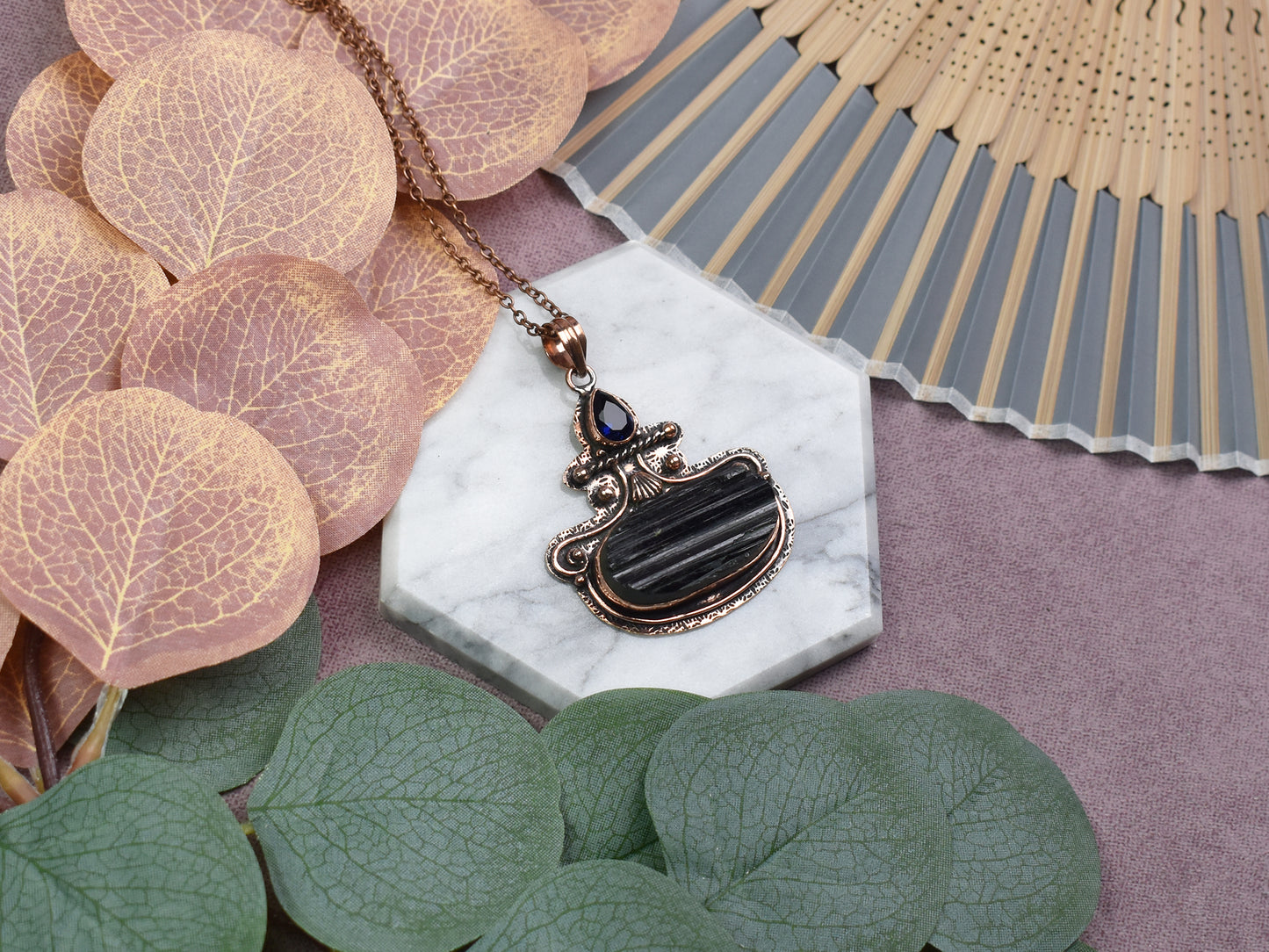 Copper Pendant with Tourmaline and Synthetic Tanzanite