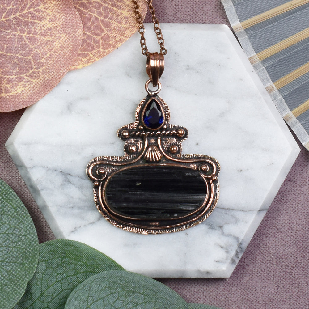 Copper Pendant with Tourmaline and Synthetic Tanzanite