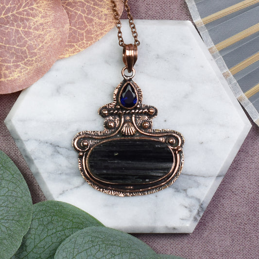 Copper Pendant with Tourmaline and Synthetic Tanzanite