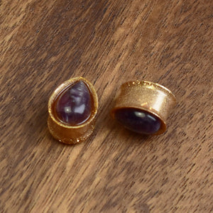 Gold Ear Plugs 14mm with Amethyst | Teardrop | Pair Spirit Of Copper