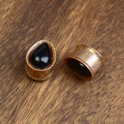 Gold 14mm Teardrop Ear Tunnels with Stone | Pair