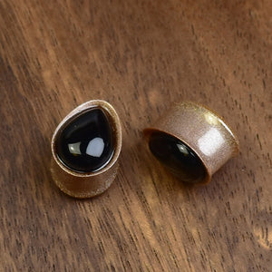 Złote plugi do uszu 16mm z onyksem | Łezki | Para Spirit Of Copper