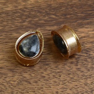 Gold Ear Plugs 19mm with Larvikite | Teardrop | Pair Spirit Of Copper