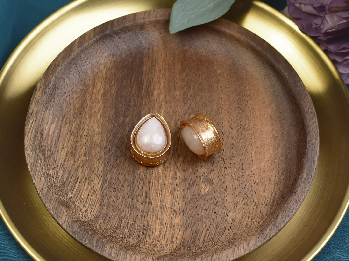 Gold 10mm Teardrop Ear Tunnels with Stone | Pair