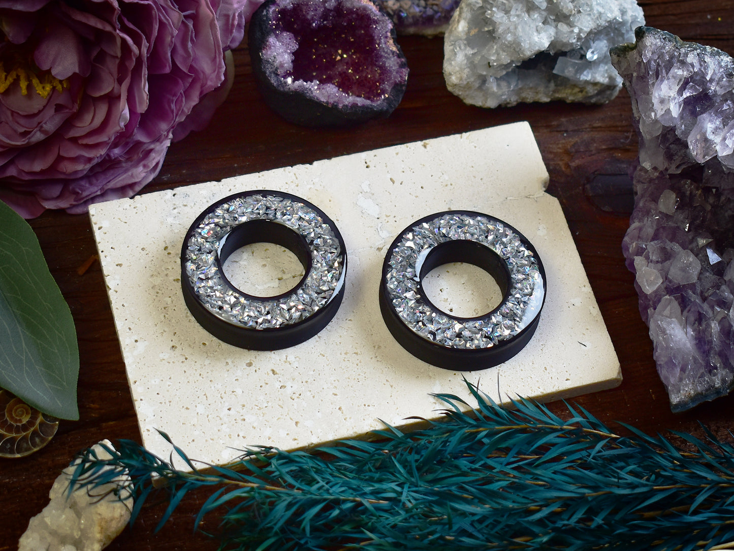 Tunele do uszu Donut 20–100 mm z Holograficznymi Diamencikami