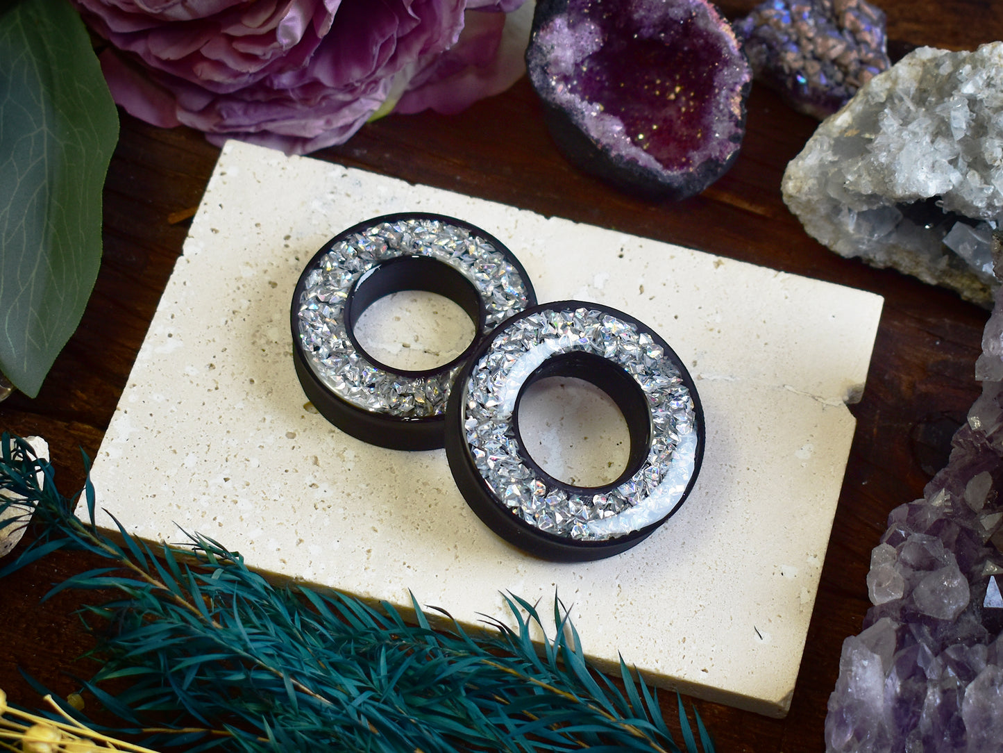 Tunele do uszu Donut 20–100 mm z Holograficznymi Diamencikami