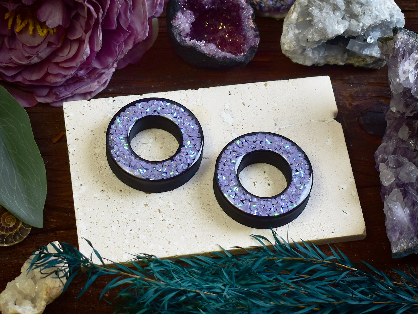 Tunele do uszu Donut 20–100 mm z Holograficznymi Diamencikami