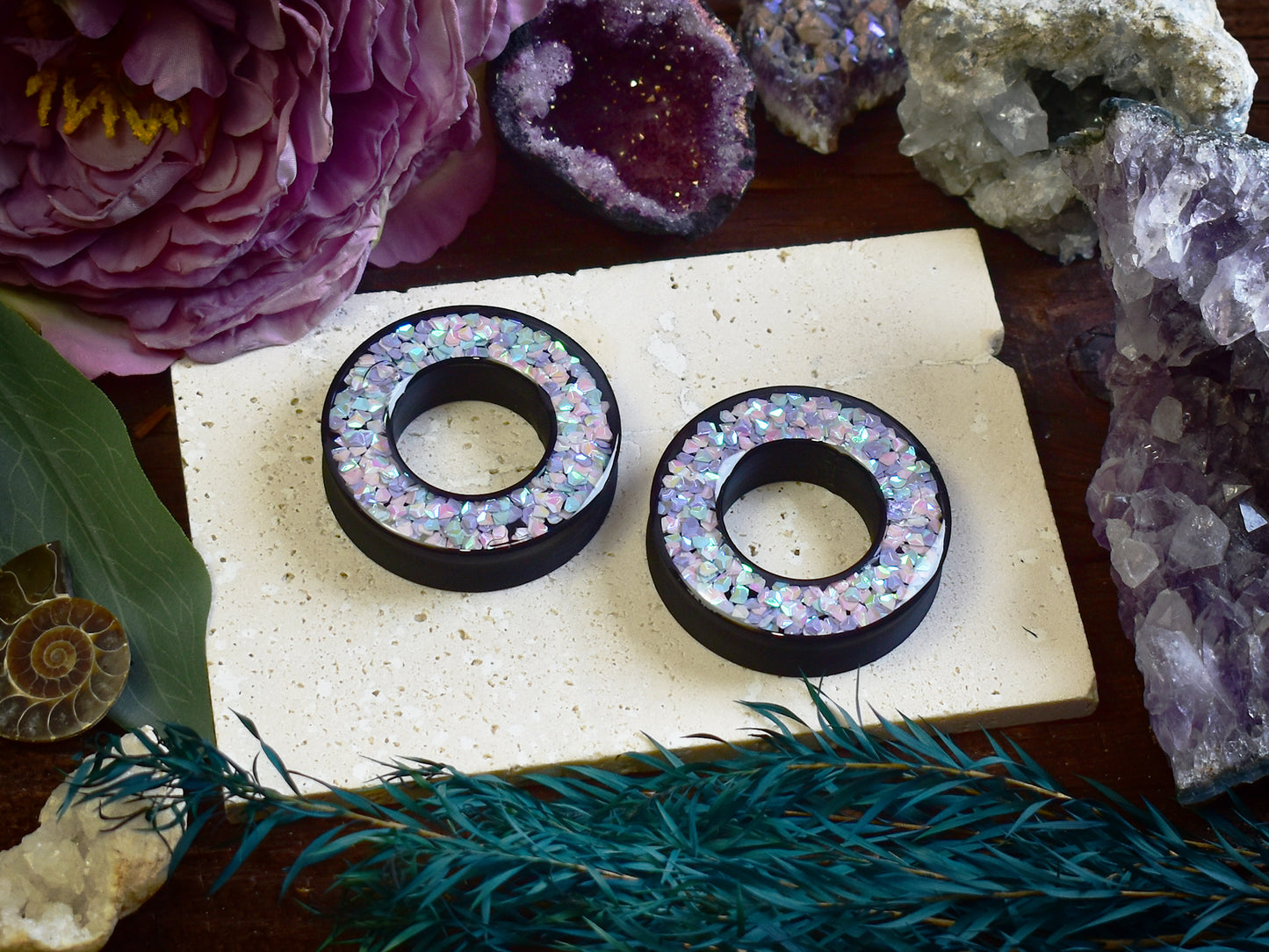 Tunele do uszu Donut 20–100 mm z Holograficznymi Diamencikami