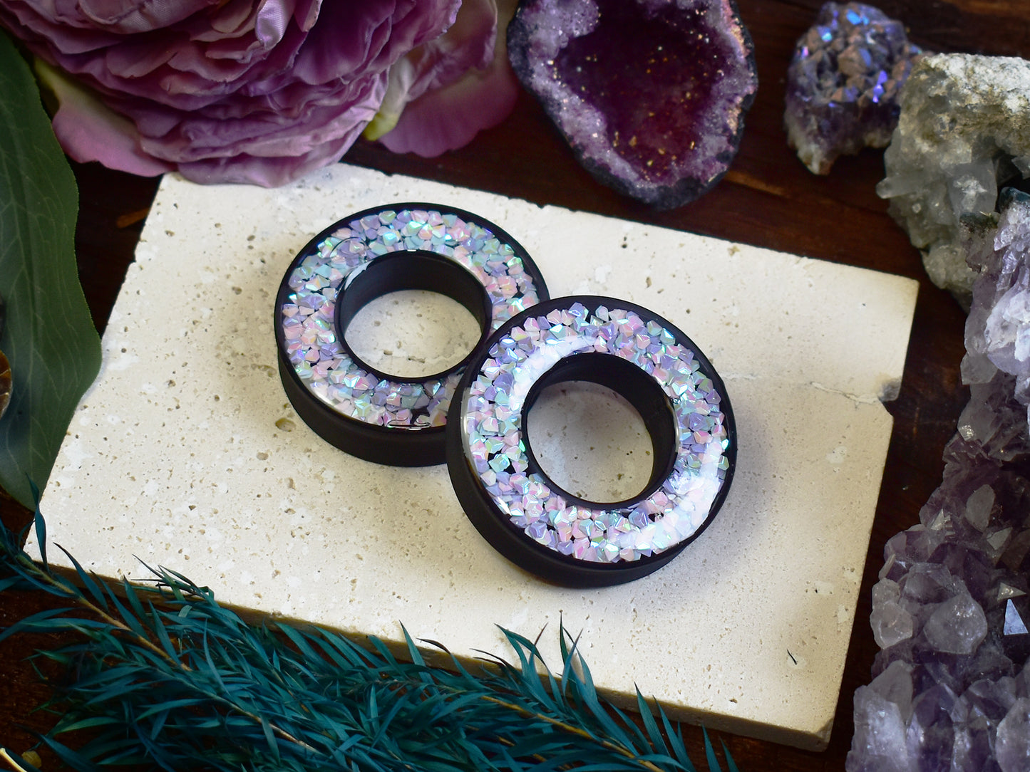 Tunele do uszu Donut 20–100 mm z Holograficznymi Diamencikami