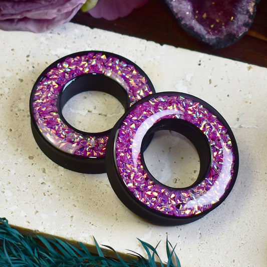 Donut Ear Tunnels 20-100mm with Holographic Diamond Glitter
