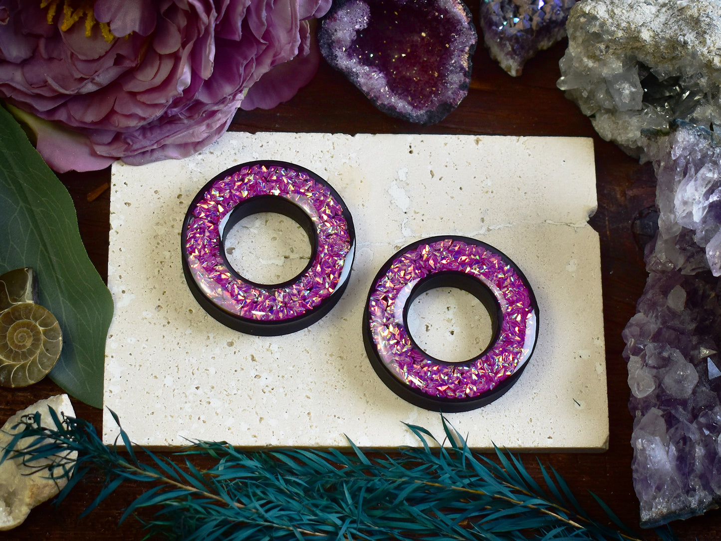 Tunele do uszu Donut 20–100 mm z Holograficznymi Diamencikami