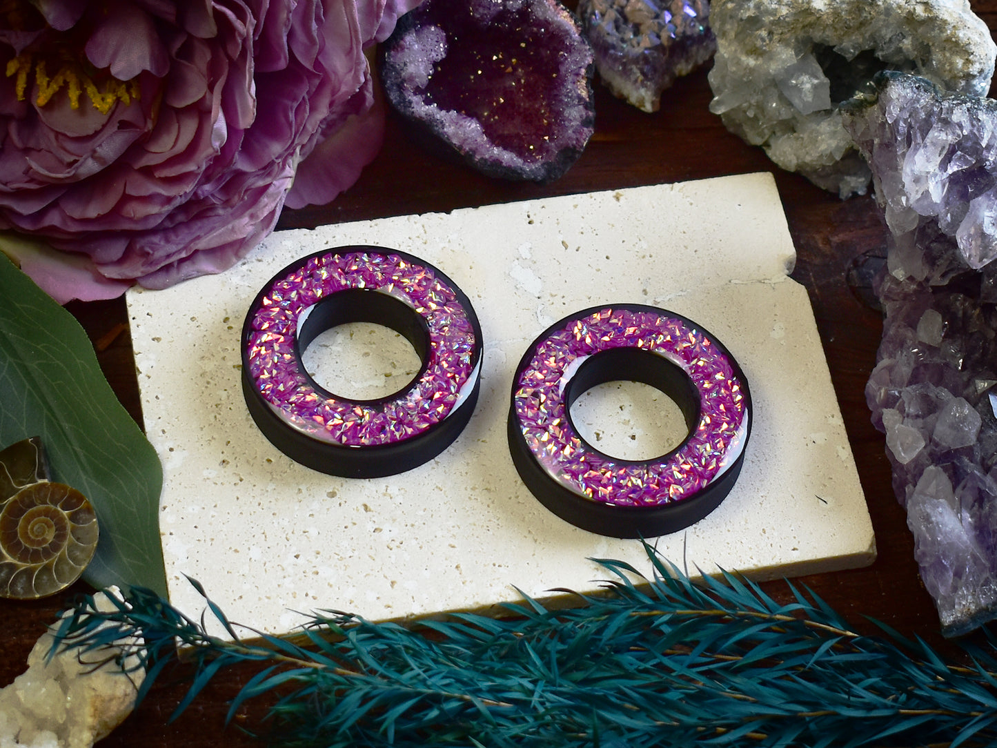 Tunele do uszu Donut 20–100 mm z Holograficznymi Diamencikami