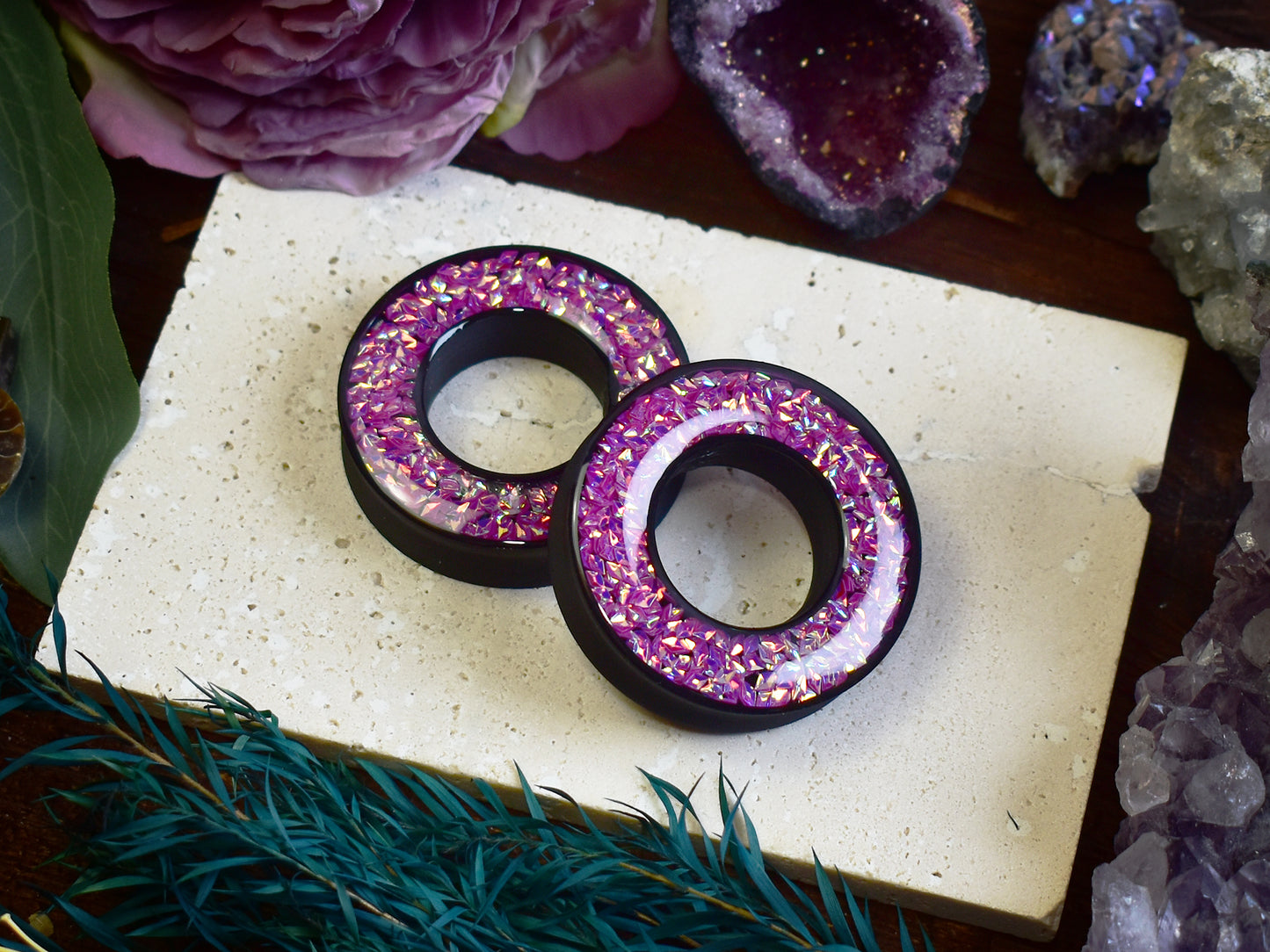 Tunele do uszu Donut 20–100 mm z Holograficznymi Diamencikami