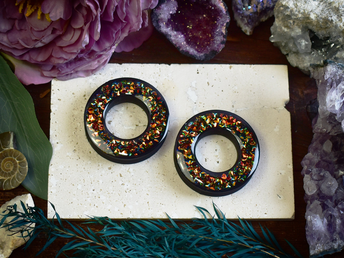 Tunele do uszu Donut 20–100 mm z Holograficznymi Diamencikami