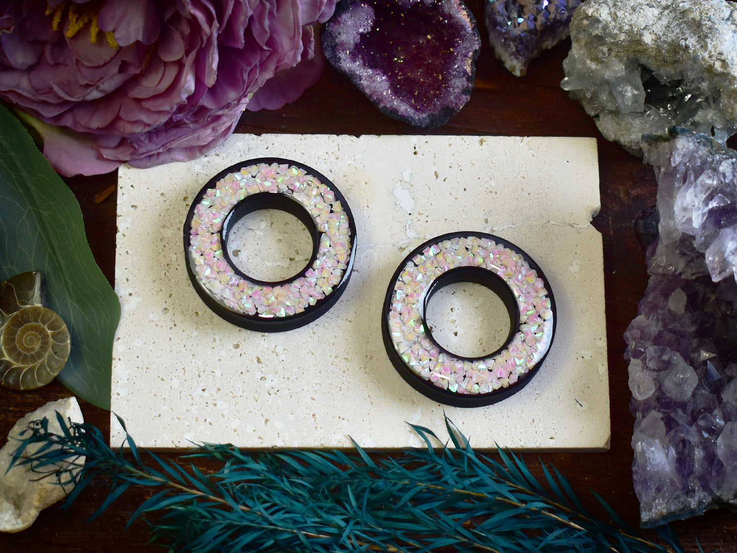 Tunele do uszu Donut 20–100 mm z Holograficznymi Diamencikami