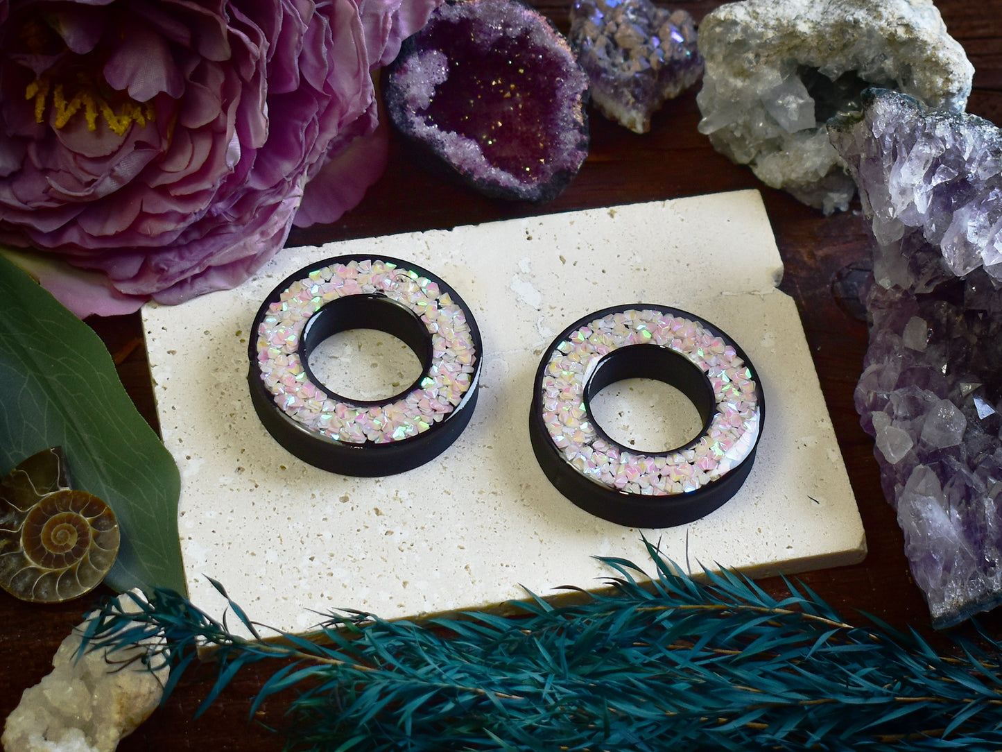 Tunele do uszu Donut 20–100 mm z Holograficznymi Diamencikami