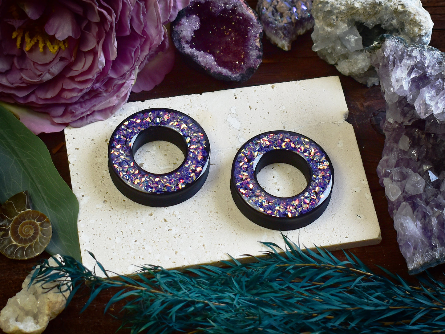 Tunele do uszu Donut 20–100 mm z Holograficznymi Diamencikami