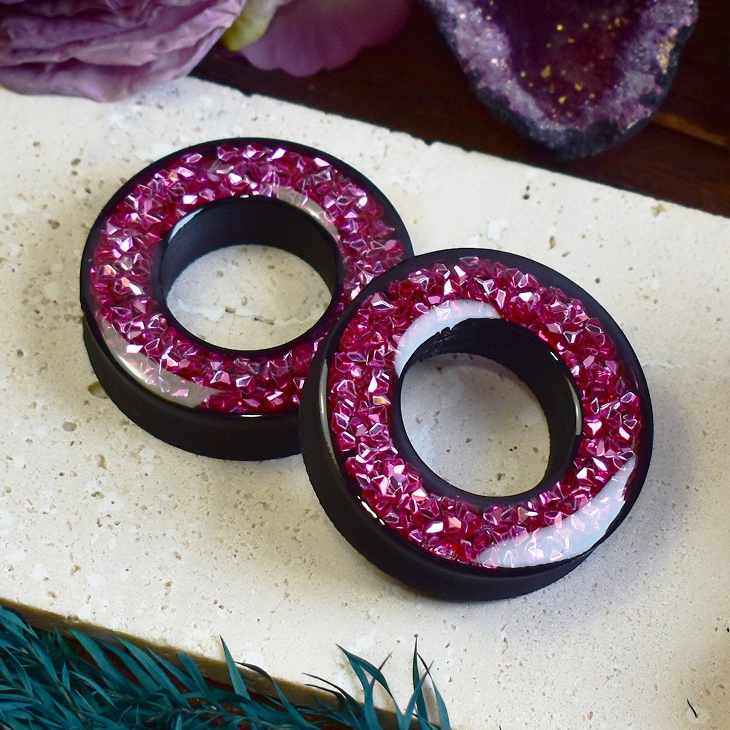 Túneles de oreja Donut 20–100mm con Purpurina Holográfica de Diamante