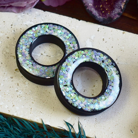Donut Ear Tunnels 20-100mm with Holographic Diamond Glitter