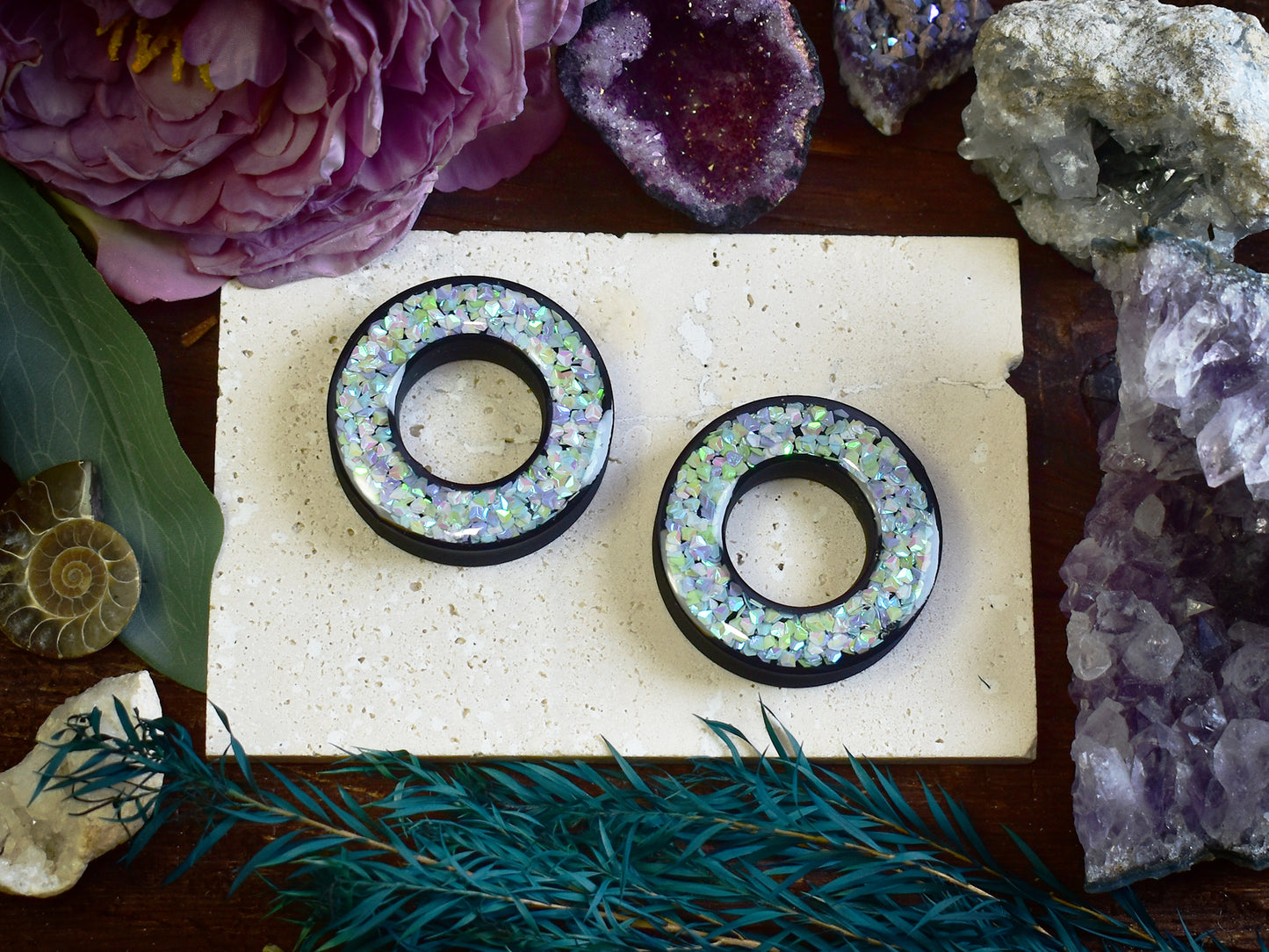 Tunele do uszu Donut 20–100 mm z Holograficznymi Diamencikami