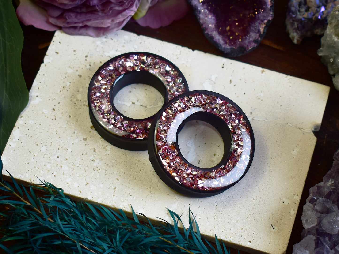 Tunele do uszu Donut 20–100 mm z Holograficznymi Diamencikami