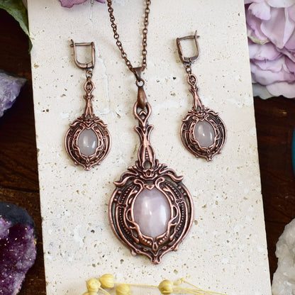 Handmade Victorian copper jewelry set with oval rose quartz stones - electroformed earrings and pendant necklace