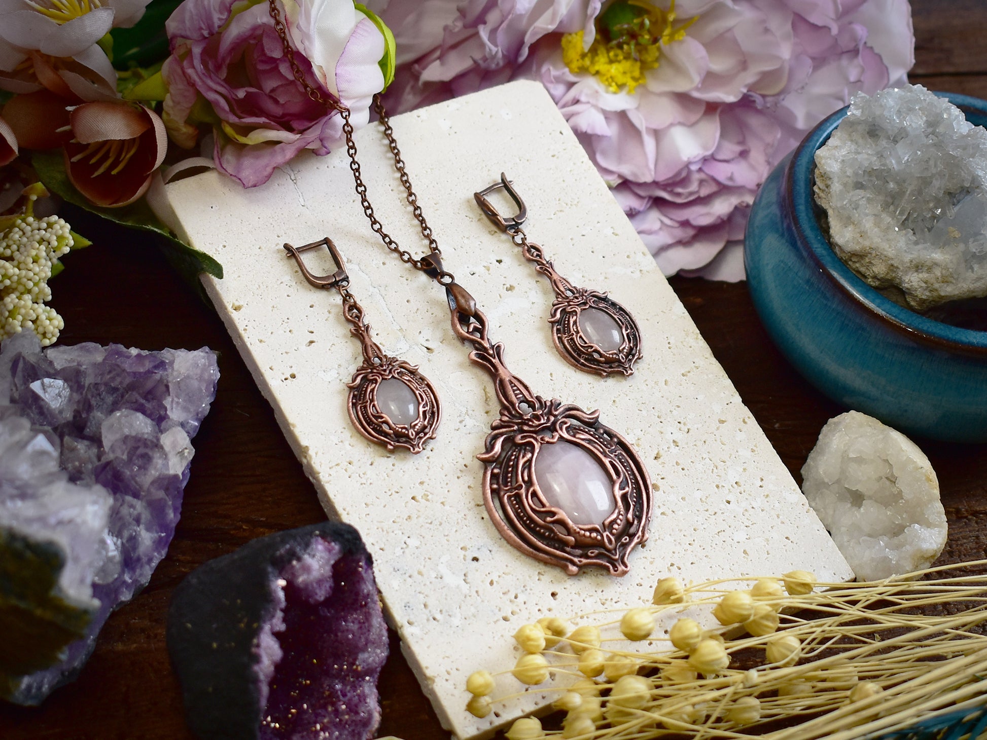 Victorian style rose quartz jewelry set - copper electroformed earrings and pendant with oval pink stones